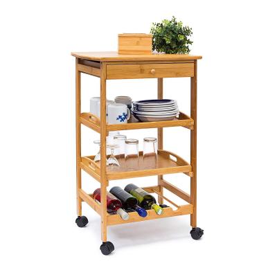 China Sustainable Storage Cart Kitchen Cart Bamboo Storage Racks Wooden Rolling Tray With Wine Rack for sale