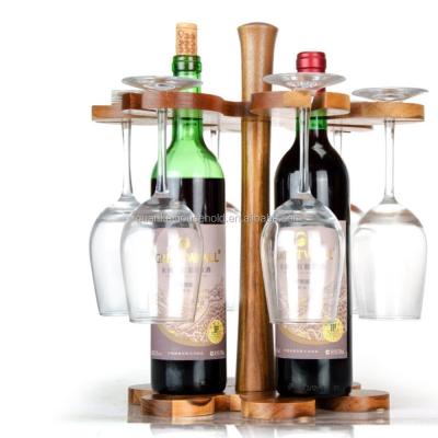 China Sustainable Bamboo Wooden Foldable Wine Rack 6-Bottles Wine Rack And Cup Holder Set for sale