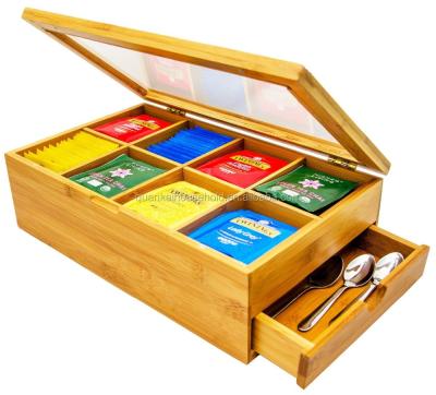 China Sustainable Natural Bamboo Tea Box With 8 Storage Compartments And Slide Out Drawer for sale