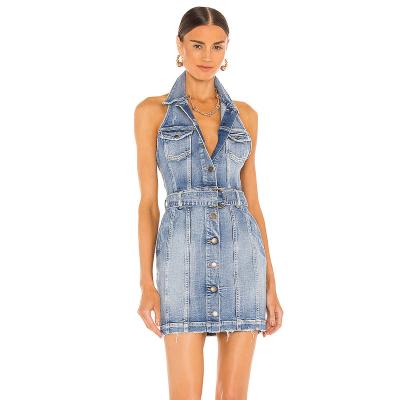 China Fashion Breathable Soft Waistband Halter Neck Backless Button Up Women Denim Dress for sale