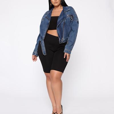 China Breathable Wholesale Loose Long Sleeve Zipper Down Short Belt Lock Cropped Plus Size Women Denim Jacket for sale