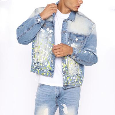 China Reversible Splatter Green and White Ink Washed Scratch Fashion Design Street Wear Mens Jeans Denim Jackets for sale