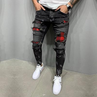 China QUICK DRY fashion ripped plaid spliced ​​printed black washed street to wear casual hombre culottes jeans for sale