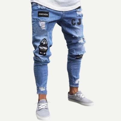 China Factory Customized Mens Fashion QUICK DRY Ripped Jeans Logo Embroidered Street Skinny Jeans for sale