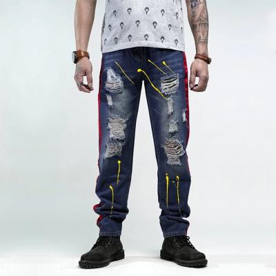 China Color Fade Proof Ripped Side Stripe Painted Jeans Street To Wear Zipper Fly Hombre Pantalones Casual Jeans for sale