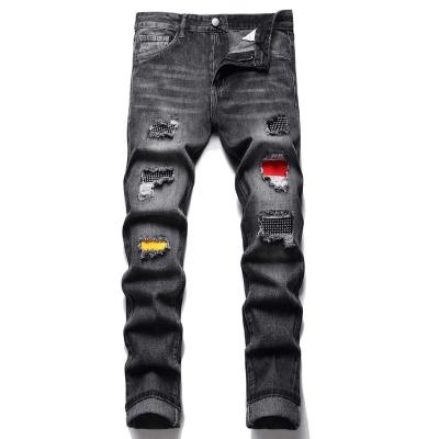 China Color Fade Proof Fashion Ripped Colorful Spliced ​​Black Washed Street Wear Casual Pantalones De Hombre Jeans for sale