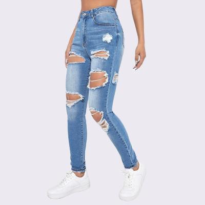 China Wholesale Women's Casual Fashion Breathable High Waist Jeans Washed Ripped Skinny Jeans for sale