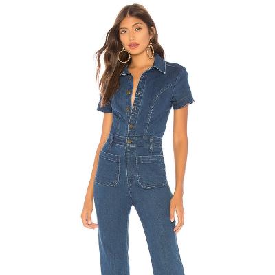 China Dark Blue Breathable Fashion Turn Down Neck Short Sleeve Buttons Rocket Legging Women Denim Overalls for sale