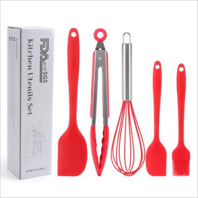 China Viable Cookware Non-Stick Kitchenware Set 5 Piece Silicone Spatula Tong Brush Whisk DIY Cake Baking Tool Kit for sale