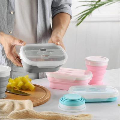 China Microwavable Collapsible Food Grade Silicone Food Bowl Bowl with Fork and Collapsible Coffee Cup Drinking Set for sale