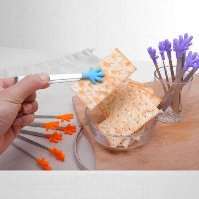 China Silicone Palm Shaped Sugar Cube Mini Food Tongs Food Grade 304 Stainless Steel Viable Handle for sale