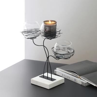 China Creative modern metal tabletop candle jar glass holder candle holder with marble base for decoration for sale