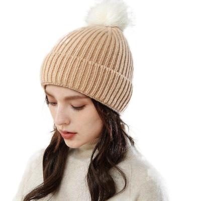 China Wholesale Adult Casual Beanie Hat Custom Women Plain Winter Hat Pompom Solid Color Wool Knitted Fur Pom Pom Beanie for sale