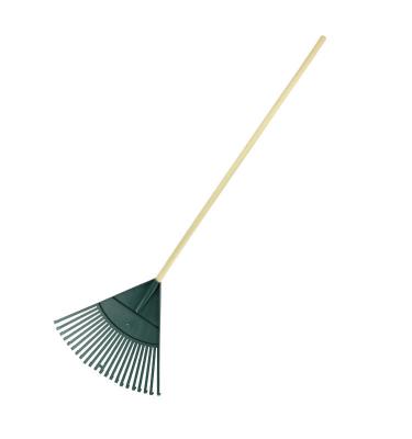 China Durable Garden Supply Tool 22 Tines Green Plastic Plant Rake Leaf Rake With Wooden Handle for sale