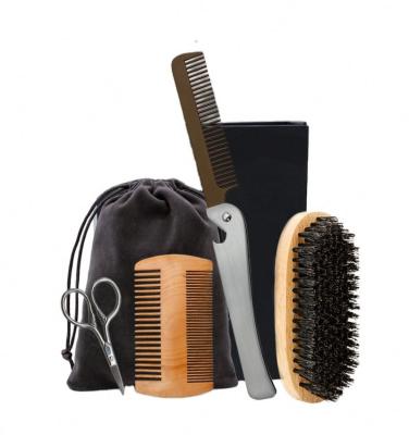 China Wholesale 4pcs Beauty Barber Shop Wooden Foldable Beard Comb and Brush Grooming Kit with Small Beard Shear Scissor Private Label for sale