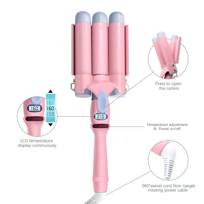 China 3 Barrel Curling Iron Ceramic Wand 1 Inch Ceramic Triple Barrels Fails Hair Hesitant Curler For Deep Waves LCD Temp Display Hair Curler for sale