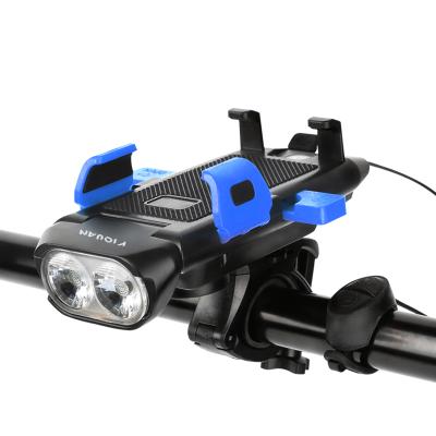 China ABS Mobile Phone Bracket Mount Holder Bike Horn Cycling Front Lamp Rechargeable 4 in 1 Bicycle Light for sale