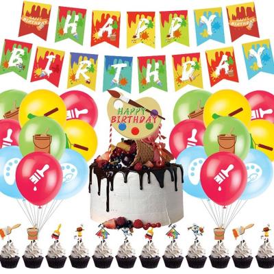 China Birthday HappyBro Paint Theme Party Decorations Paint Birthday Balloon Set Cake Topper Happy Birthday Banner Set for sale