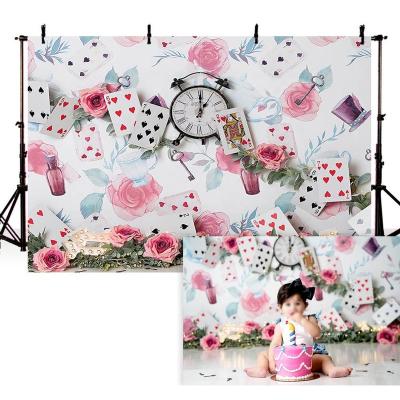 China Flower Seamless Pink Wonderland Photography Background Clock Card Game Newborn Baby Birthday Photo Background for sale