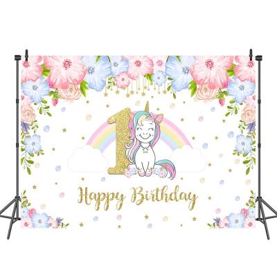 China 1st birthday unicorn photography backdrop rainbow floral seamless pattern background for sale