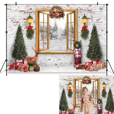 China Adult Window Snowy Forest Trees Gifts Baby Photostudio Christmas Family Portrait Brick Wall Photography Backdrop Vivid Kids Photoshoot for sale