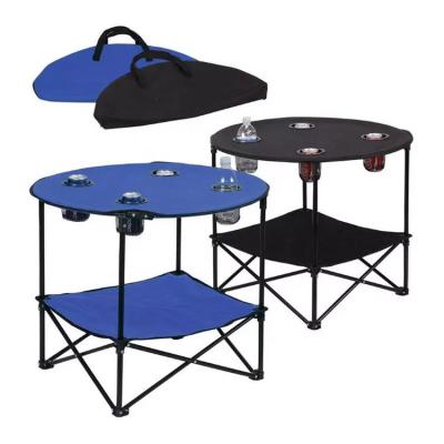 China Portable Easy Carry Half Fold Small Round Steel Folding Picnic Canvas Camping Wine Tables With 4 Cup Holders for sale