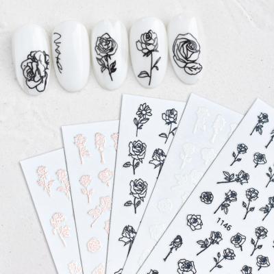 China 3d Nail Art DIY Decoration Fall 2021 Hot Pink Nail Decals Black And White Flower Gum Solid Color Rose Gold Hollow Nail Decals for sale