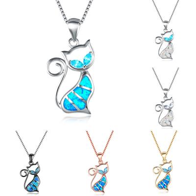 China Cute Blue/White Fire Opal Cute Cat Pendant Necklaces For Women Gold/Silver/Black Rose Gold Aquamarine Chain Necklace Animal Jewelry for sale