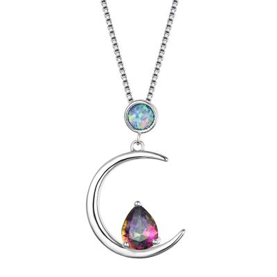 China FASHIONABLE Zircon Mystic Moon Drop Water Rainbow Pendant Necklaces For Women Silver White Blue Fire Opal Necklace Wedding Jewelry 925 for sale