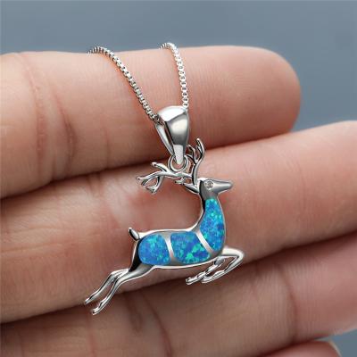 China FASHIONABLE Cute Small Deer White Blue Fire Silver Animal Opal Pendant Necklaces For Women 925 Rose Gold Elk Necklace Fashion Jewelry for sale