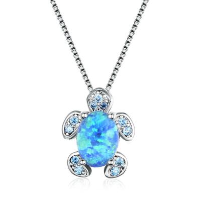 China 925 Aqua Blue CZ Tortoise Oval Pendant Cute Silvery Rainbow FASHIONABLE White Blue Fire Opal Necklaces For Women for sale