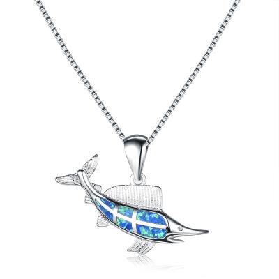 China FASHIONABLE Small Fish Shape Opal Pendant Blue Silver Animal Jewelry Fire Wedding Party Female Necklaces For Women 925 for sale