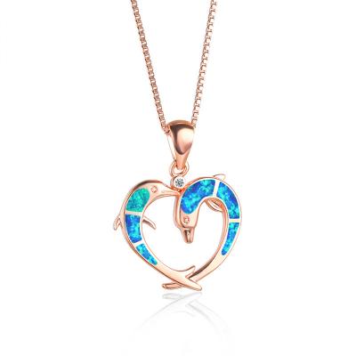 China TWO TRENDY Silver Opal Pendant Necklaces For Women 925 Heart Shaped White Blue Rose Gold Animal Necklace Stone Jewelry Dolphins Fire for sale