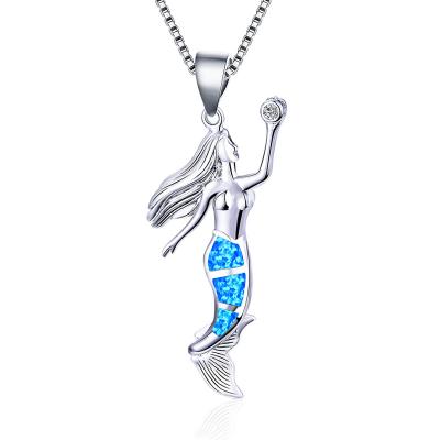 China TRENDY 925 Opal Mermaid Pendant Necklaces Colorful Silver For Women Fashion Jewelry Long Chain Necklace for sale