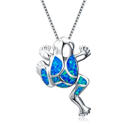 China FASHIONABLE Blue Opal Frog Pendant Necklaces For Women 925 Sterling Silver Animal Jewelry Long Fire Chain Necklace for sale