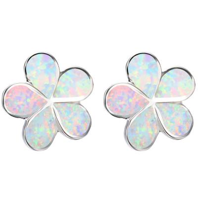 China TRENDY Cute Female Blue White Fire Opal Earrings 925 Silver Stud Earrings For Women Small Boho Flower Earrings for sale