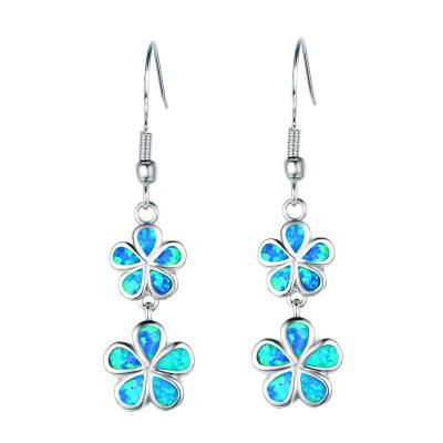 China FASHIONABLE Luxury Female Fire Blue Opal Stone Earrings Fashion Silver Color Drop Earrings For Women Cute Flower Long Dangle Earrings for sale