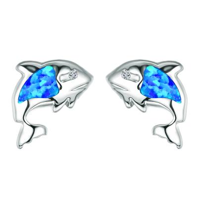 China TRENDY Cute Female Blue Fire Opal Earrings Vintage 925 Silver Wedding Stud Earrings For Women Boho Small Fish Animal Earrings for sale