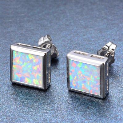 China FASHIONABLE Cute Female Blue White Fire Opal Earrings Vintage 925 Silver Wedding Stud Earrings For Women Small Boho Square Earrings for sale