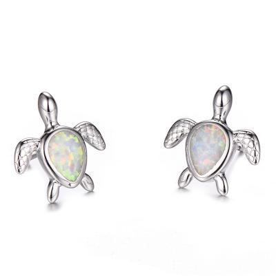 China FASHIONABLE Cute Small Female Turtle Earrings Vintage 925 Silver Wedding Stud Earrings For Women Blue Fire White Opal Earrings for sale