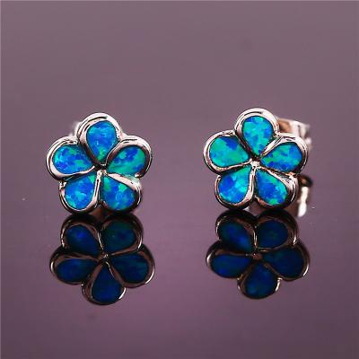 China Fashionable Fire Color Fire Opal Stone Earrings Female Elegant Flower Fashionable Blue Stud Earrings Simple Silver Engagement Earrings For Women Party for sale