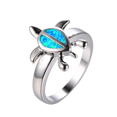 China Trendy Cute Female Jewelry Ocean Turtle Ring Charm 925 Silver Thin Wedding Rings For Women Shape Opal Stone Engagement Ring Blue for sale