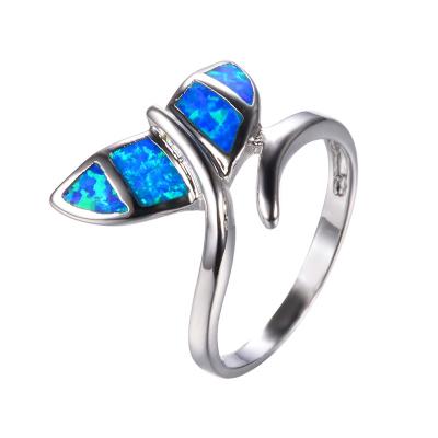 China FASHIONABLE Tasty Female Blue Opal Stone Jewelry Charm 925 Silver Thin Wedding Rings For Women Shape Fishtail Engagement Ring for sale