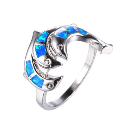 China TRENDY Cute Female Blue Classic 925 Silver Animal Wedding Rings Dolphin Jewelry For Women Fashion Opal Stone Thin Engagement Ring for sale