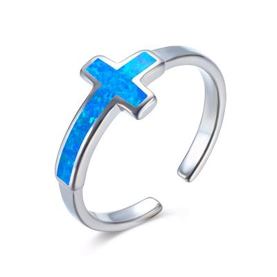 China Opal Stone Cross Ring Simple Blue TRENDY Shape Engagement Ring Vintage Trendy 925 Silver Wedding Rings For Women Party Bridal Jewelry for sale