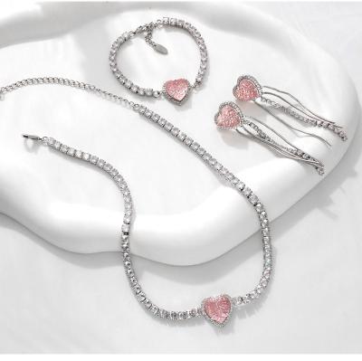 China FASHIONABLE ready to ship pink purple woman wedding luxury jewelry set necklace earrings bracelet zircon bridal peach heart jewelry for sale