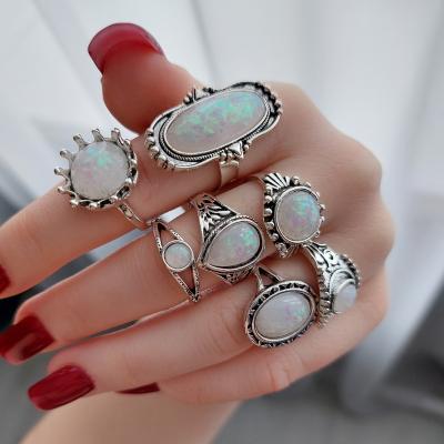 China Religious 8pcs /set Bohemian Jewelry Vintage Antique Silver Rings Sets Colorful Opal Crystal Stone Carve Rings Set for Women Men Anillos for sale