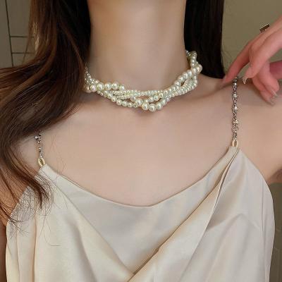 China TRENDY Fashion Jewelry Elegant Multilayer Vintage Fashion Party Wedding Statement Pearl Choker Necklace Collar Jewelry Girls Gift for sale