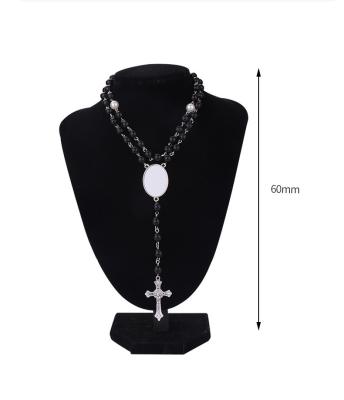 China Religious 6MM Glass Pearl Customized Religious Jewelry Sublimation Printing Picture Photo Jesus Cross Pendant Rosary Beads Y  Necklace for sale