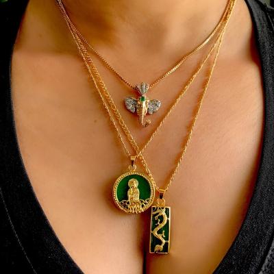 China Large Trendy Colorful Trendy Fashion Statement 18K Gold Plated Lucky Natural Dragon Green Jade Jewelry Pendant Necklace With Chains Women for sale